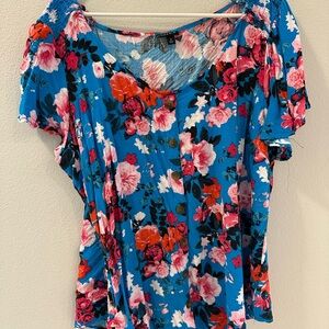 Torrid Blue Floral Blouse with Red and Pink Accents